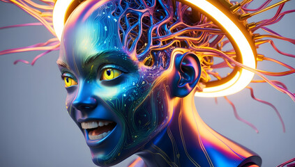 Side view of a humanoid head with blue and yellow eyes and vibrant neon neural network, representing futuristic technology and artificial intelligence. AI, mental health, abstract.