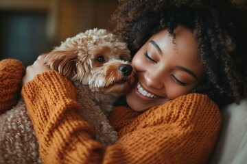 Happy Woman in Orange Sweater Cuddling Her Dog on the Sofa, Close Up Portrait Photograph in the Style of Natural Light Minimalism 