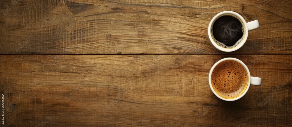 Aufkleber top view of two coffee cups one with americano and the other with espresso displayed on a wooden tab