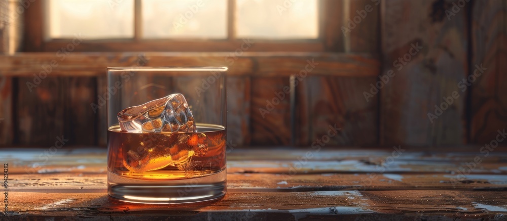 Poster copy space image of whiskey bourbon or cognac on a glass with an ice cube set against a rustic woode