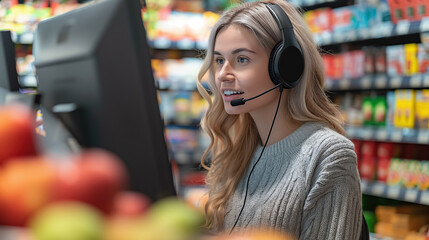 Female customer service representative wearing a headset in a supermarket, engaging with customers with a friendly smile, surrounded by colorful products.