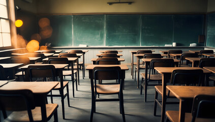Empty Classroom. Back to school concept in high school. Classroom Interior Vintage Wooden Lecture Wooden Chairs and Desks. Studying lessons in secondary education.