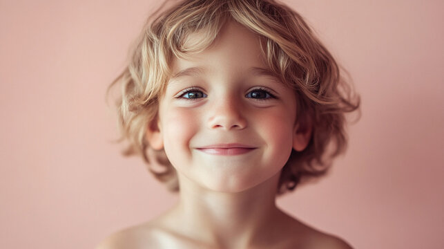 Grinning boy with a soft pink backdrop