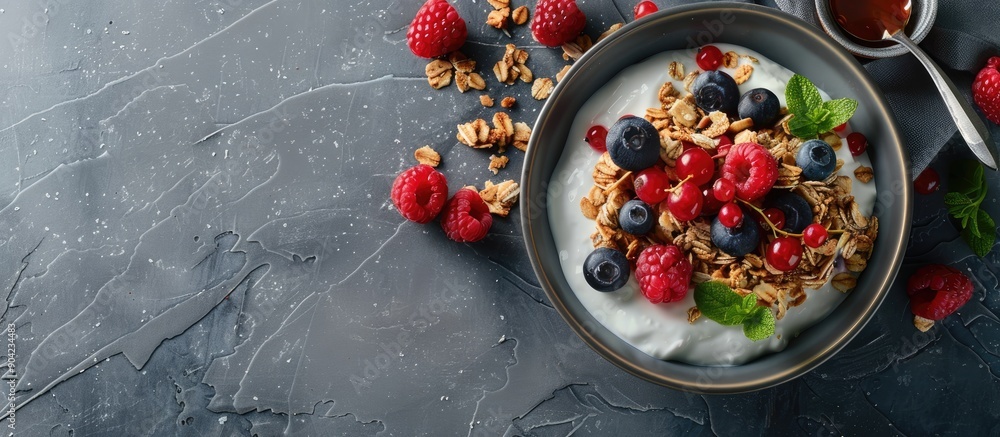 Poster flat lay of delicious granola topped with berries yogurt honey on a textured grey table with copy sp