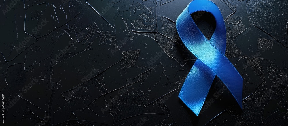 Poster top view of a blue awareness ribbon on a black background with space for text in the image. copy spa