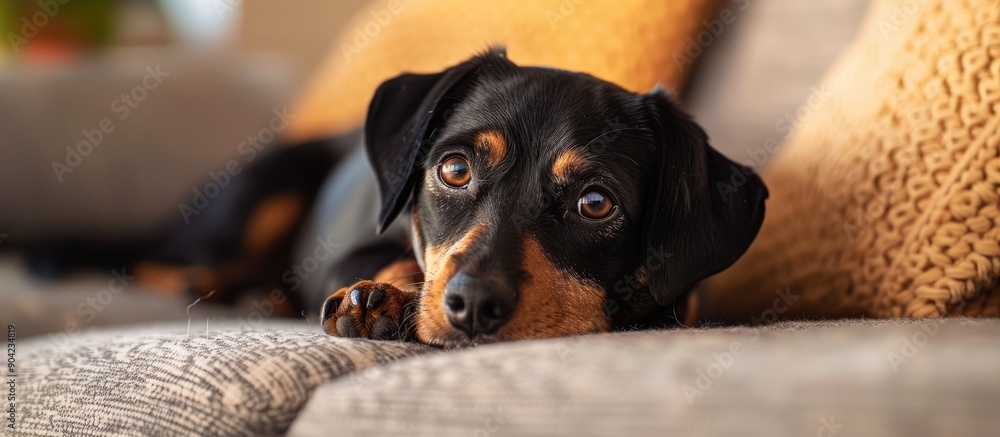 Poster a black and tan canine resting on a sofa indoors representing a cozy home pet scene with room for te