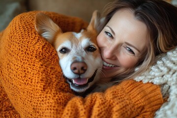 Happy Woman in Orange Sweater Cuddling Her Dog on the Sofa, Close Up Portrait Photograph in the Style of Natural Light Minimalism 