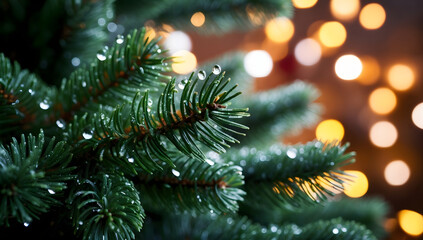 Macro christmas tree background, Ornaments, and Gifts: Cozy Holiday Celebration, Warm Family Gathering, Seasonal Decor, Winter Wonderland, and Joyful Christmas Spirit. Close view, macro.