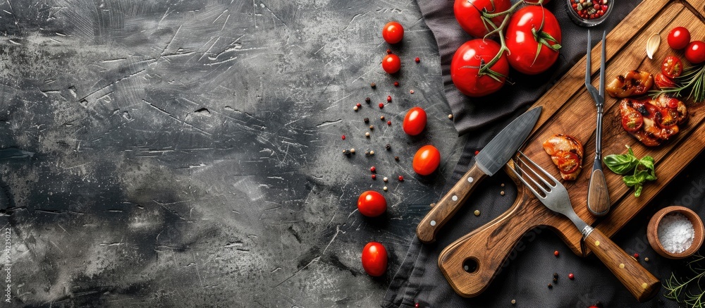 Poster preparing dinner atop a rustic wooden cutting board with utensils on a textured concrete backdrop id