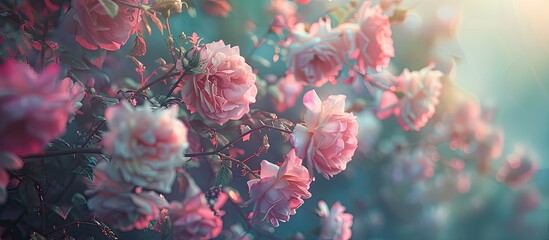 Close up image of Veilchenblau a rose bush with pink roses blooming in the garden in spring displaying a delicate summer flower in the flower bed with copy space image