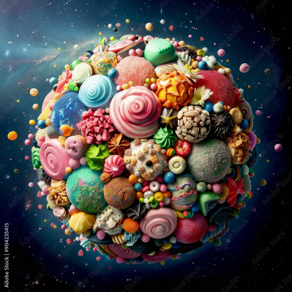 Poster colorful candy planet in space. this mesmerizing image shows a unique sphere made of various sweets 