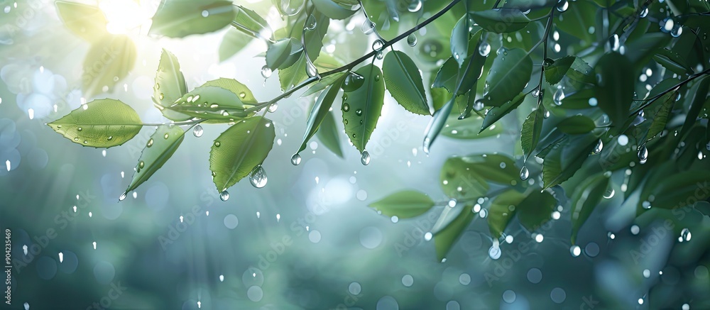 Poster nature s freshness captured in a serene morning scene with dew drops on branches and leaves creating