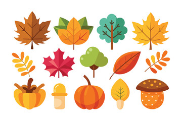Colorful Autumn Leaves, Trees, Pumpkins, and Mushrooms