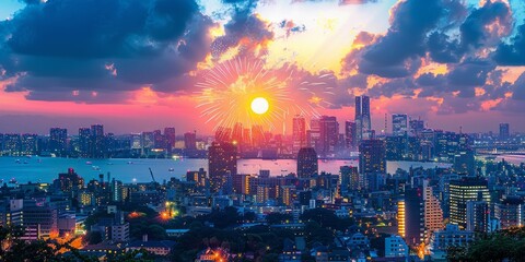 Obraz premium Fireworks Display Over a Vibrant Cityscape