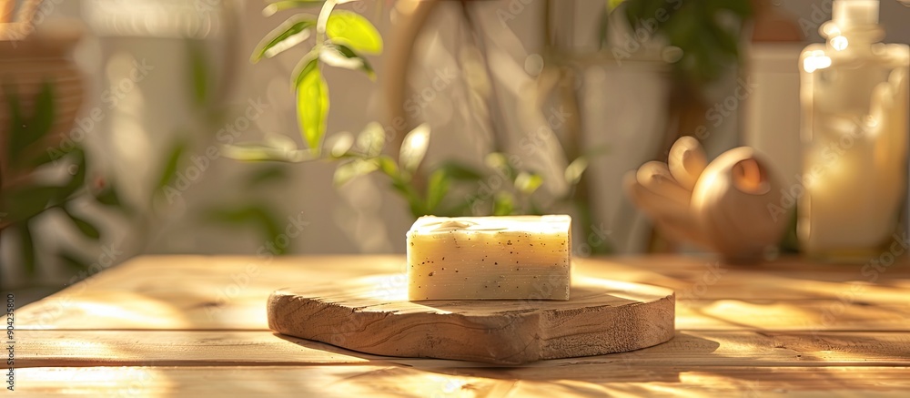 Poster displaying a natural soap bar with room for text or images in the background. copy space image. plac