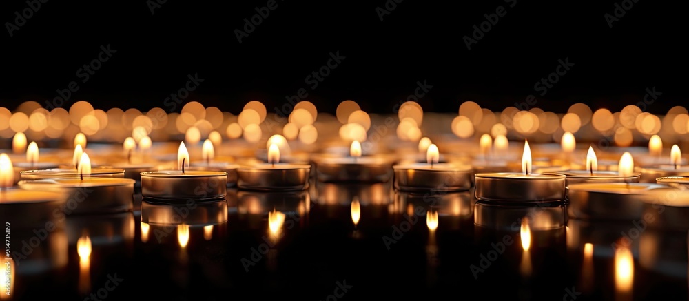 Poster close up view of numerous burning tealight candles against a black backdrop with ample copy space im