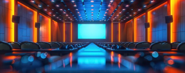 Empty conference room with blue and orange lighting.