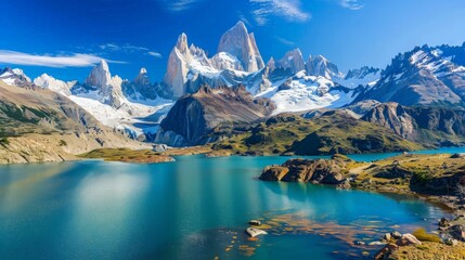 Fototapeta premium Majestic Mountain Peaks Reflecting on a Turquoise Lake