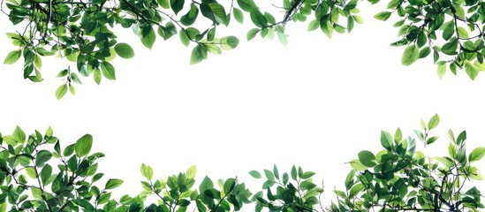 Obraz premium Tree branches with green leaves creating a border on a white background suitable for a copy space image