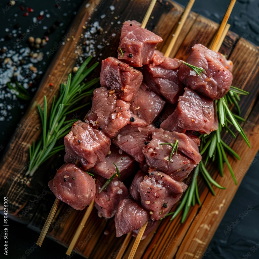 Poster Freshly skewered raw meat kebabs on a wooden board with rosemary, perfect for grilling or barbecuing.