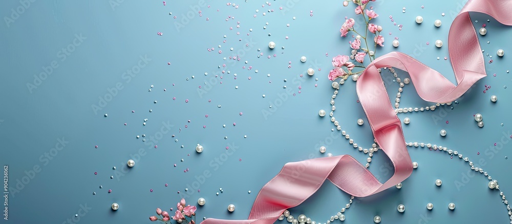 Aufkleber flat lay view of a blue backdrop adorned with a pink ribbon pearls and ample copy space image as see