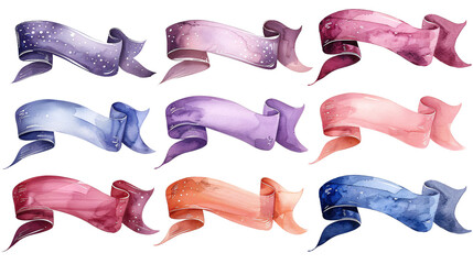 Obraz premium Collection of metallic ribbon banners in watercolor vector style on a white background, ideal for adding a luxurious touch to designs