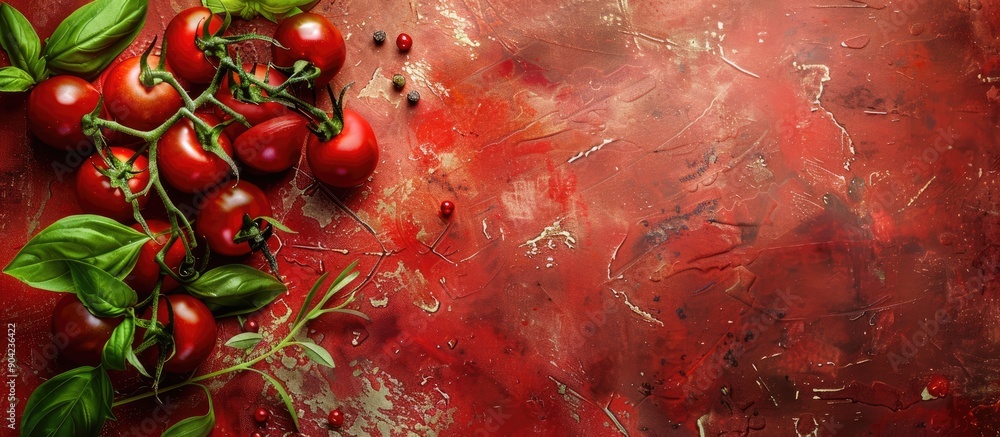 Poster cherry tomatoes and basil on a textured background with tomato sauce ideal for a vegan salad organic