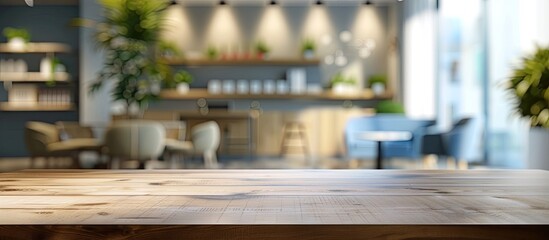 Table in the foreground set against a blurred contemporary office backdrop perfect for featuring office products in the copy space image