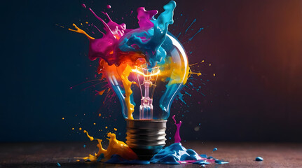 New genius idea, creative, creativity. light bulb explodes with colorful paint and splashes on a black background. Think differently creative innovation concept. Business, work, job, e-commerce.