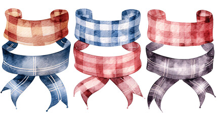 Fototapeta premium Plaid ribbon banners in watercolor vector style on a white background, suitable for rustic and country-themed designs