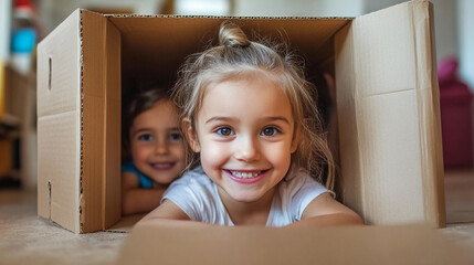 Kids having fun with a cardboard box fort