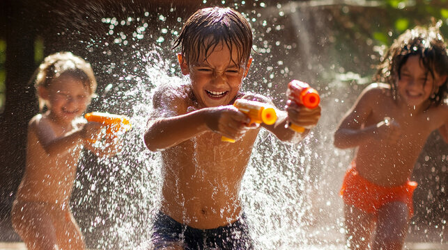 Kids having a water gun fight