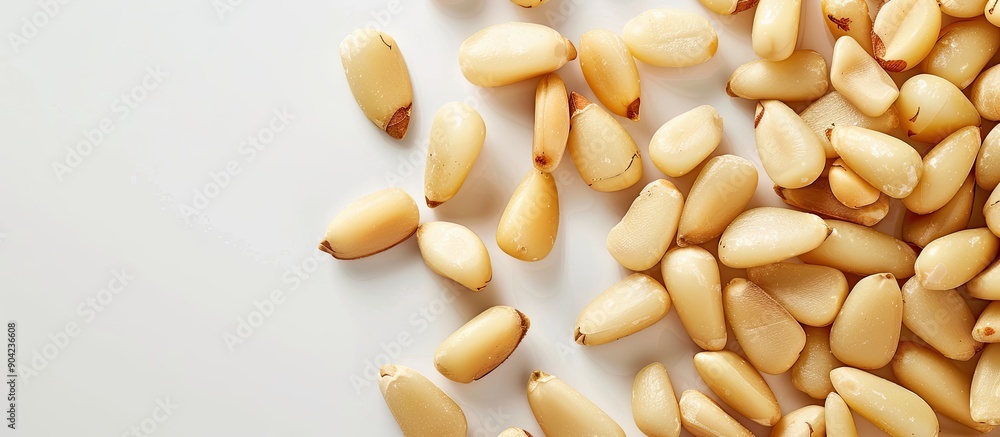 Poster close up image of peeled pine nuts on a white background with copy space image