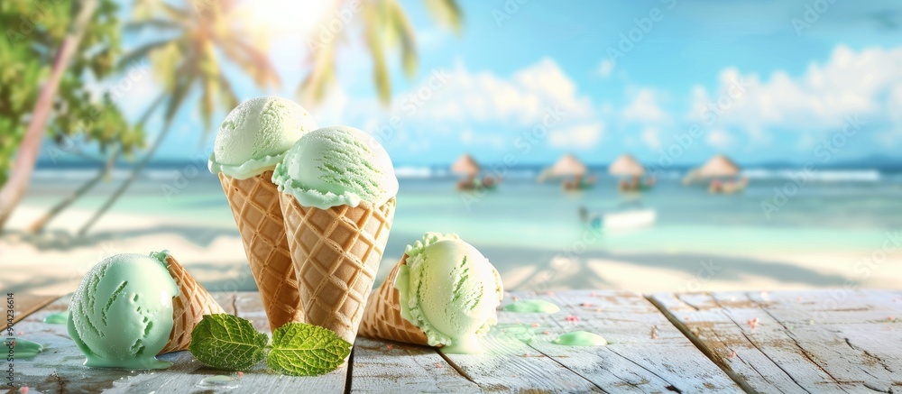Poster a summer concept is portrayed with mint ice cream scoops in waffle cones displayed on a wooden table