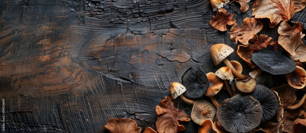 Poster rustic top view of a black fungus and dried mushroom meal on a table with copy space image for backg