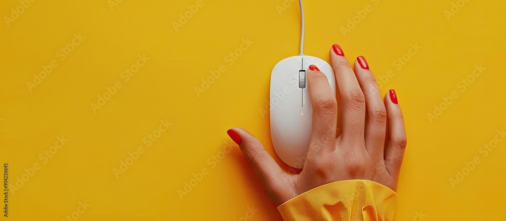 Poster top down view of a woman operating a modern wired computer mouse on a yellow backdrop with ample cop