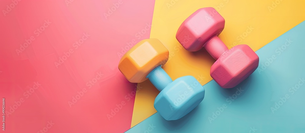 Poster top view of dumbbells for training on a colorful background with copy space image