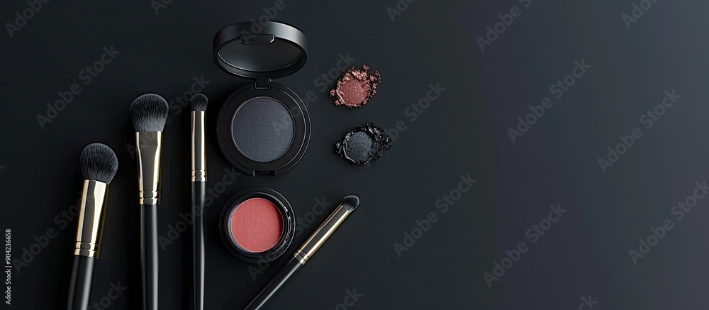 Poster makeup products are arranged on a black backdrop with room for text ideal for a copy space image