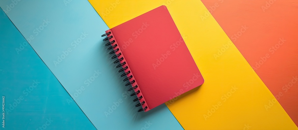 Poster top view of a notebook on a colorful background in a flat lay composition with copy space image