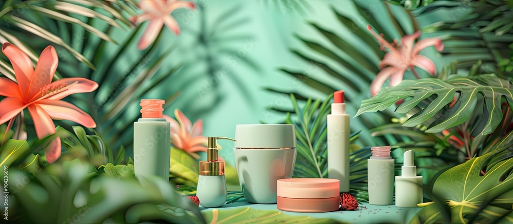 Poster cosmetic items made from organic materials displayed against a colorful background with green foliag