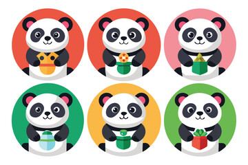 Six Cute Pandas Holding Various Gifts in Circular Frames