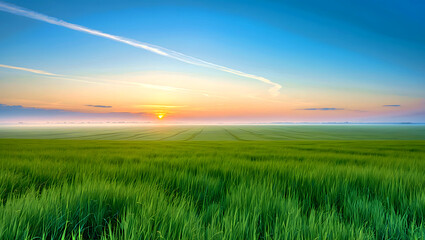 Obraz premium Idyllic meadow panorama. Rolling Green Hills at Sunset: Serene Rural Landscape Panorama Perfect for Business, Greeting Cards, Poster, Flyer, Banner, Background, Wallpaper, Advertising