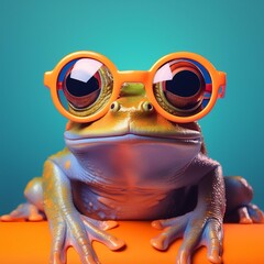  grenouille avec lunette de soleil orange couleurs vives fond turquoise vert