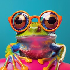 grenouille du costa rica avec lunette de soleil ronde retro couleurs vives vert et fushia