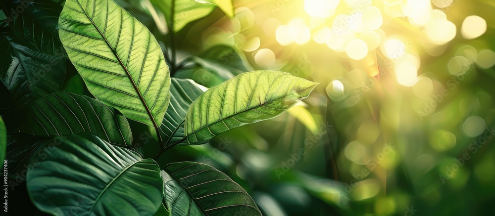 Poster vibrant green teak tree leaf under sunlight with unique texture and pattern ideal for a copy space i