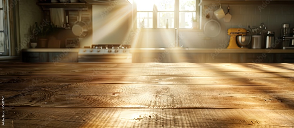 Aufkleber sunlight filters onto an empty wooden kitchen table with ample copy space image