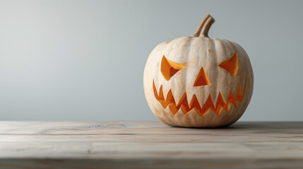 Fototapeta premium A pumpkin with a scary face is sitting on a wooden table
