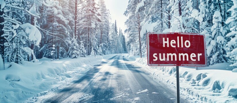 Beautiful red road sign displaying the words Hello summer against a backdrop of snow covered forest trees creating a business lifestyle concept with copy space image - Powered by Adobe