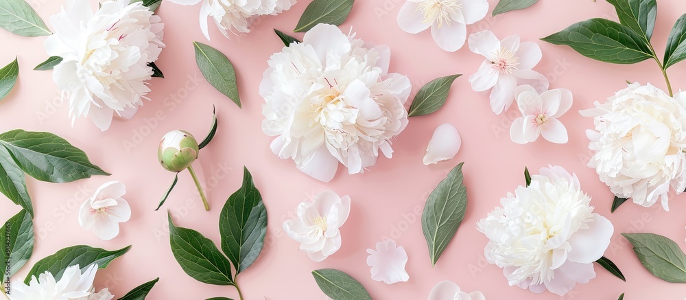 Poster soft white peonies with green leaves set on a light pink table provide a pastel palette for a charmi