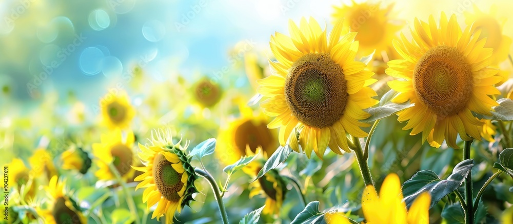 Sticker scenic view of sunflowers in the field with copy space image